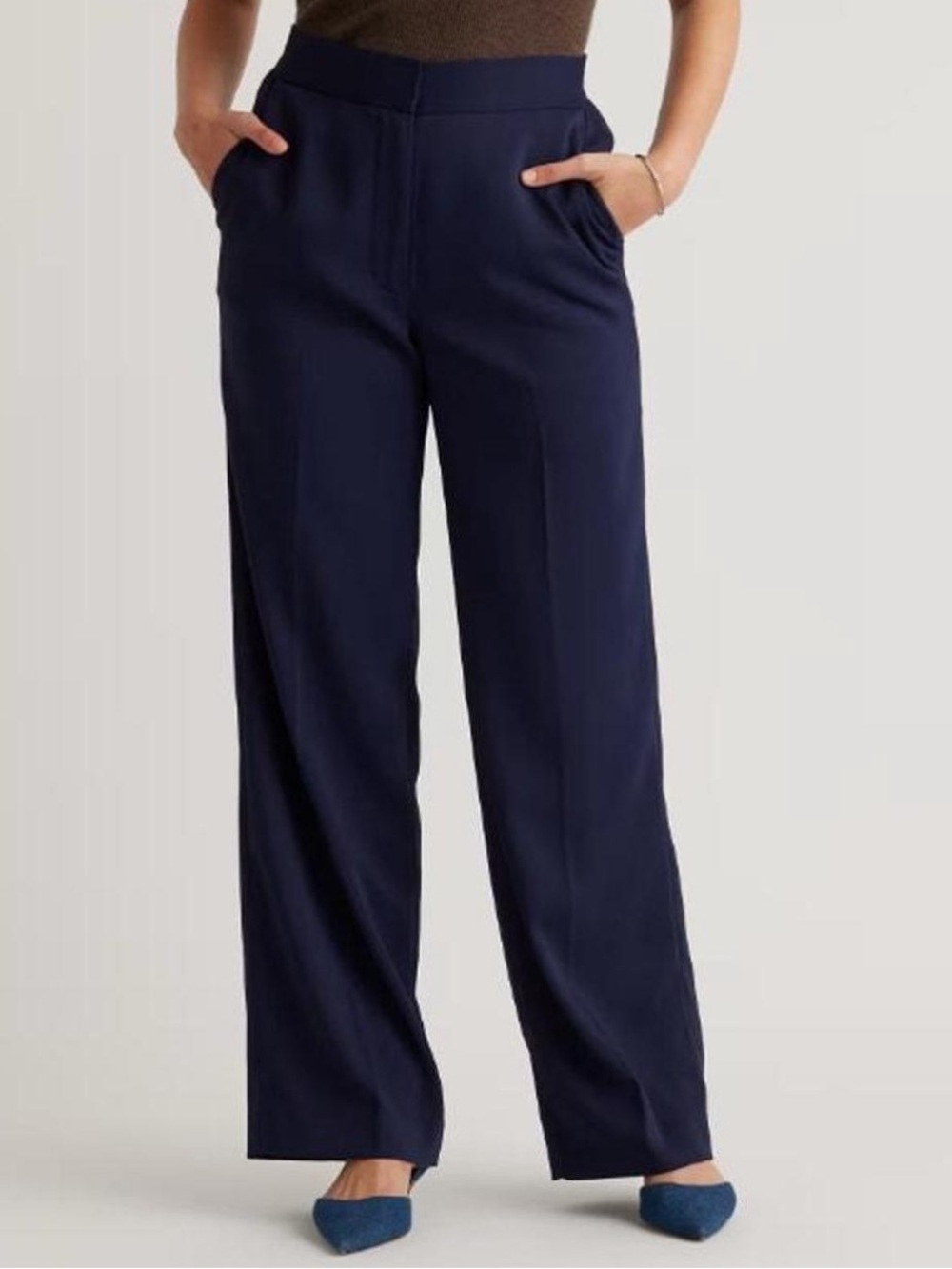Quince Stretch Crepe Classic Wide-Leg Trousers, Navy, Sz 6
